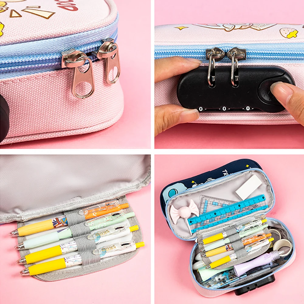 Cartoon Cute Password Lock Pencil Case Large Capacity Multi-layer Zipper Stationery Box Boys Girls Gift