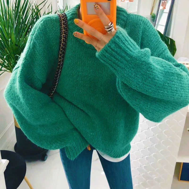 Sweater Fashion Solid Knit Sweaters Women Casual Loose O Neck Long Sleeve Top Knitwear Y2K Tops Warm Knitted Winter Pullover