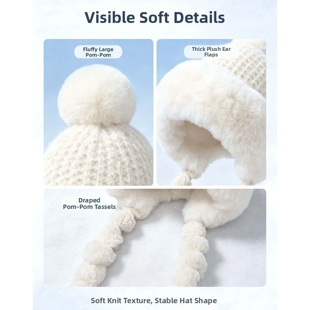 Fleece Lined Pompom Braids Hat Striped Knit Fur Brim Fleece Knit Beanie Windproof Soft Yarn Earflap Winter Cap Teens