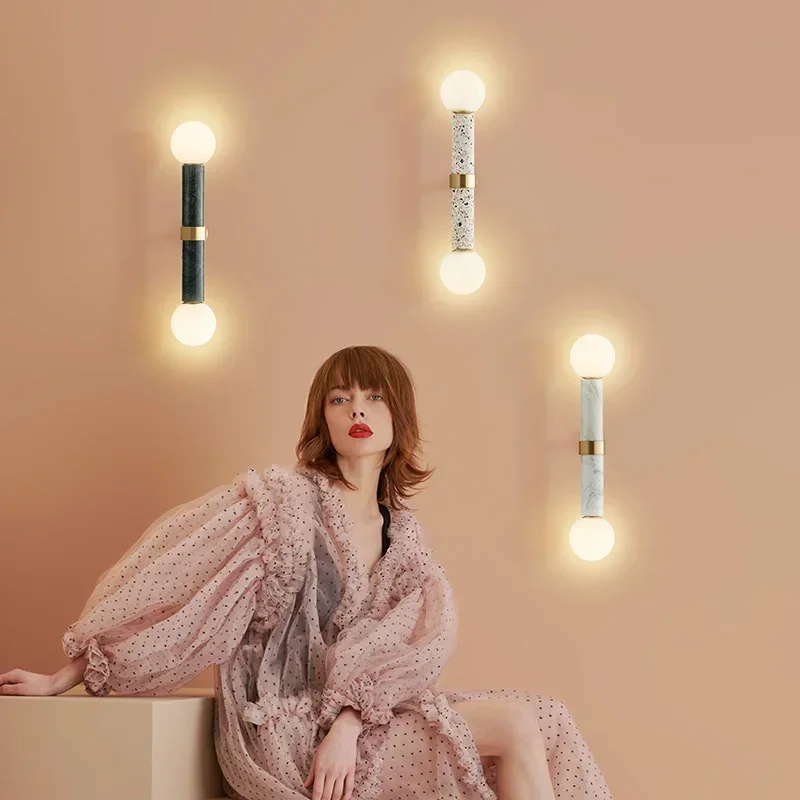 HHBedroom Bedside Lamp Aisle Living Room Mild Luxury Marble TV Background Wall Double-Headed Wall Lamp Stairs Step Light