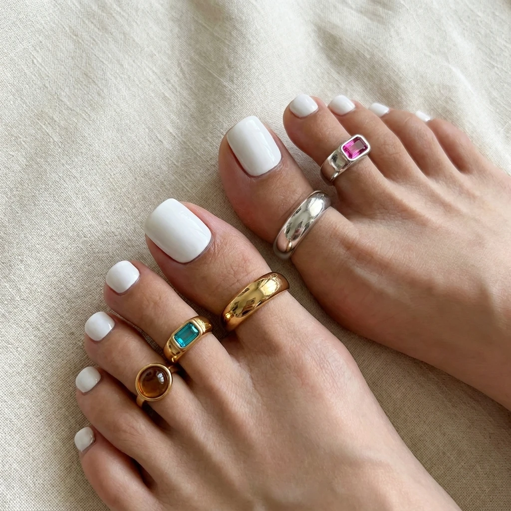 Conjunto de Anillos Delicados para los Dedos de los Pies con Banda Lisa y Piedras Preciosas, Anillos Apilables Abiertos para los Pies, Accesorios para Sandalias de Vacaciones de Verano en la Playa