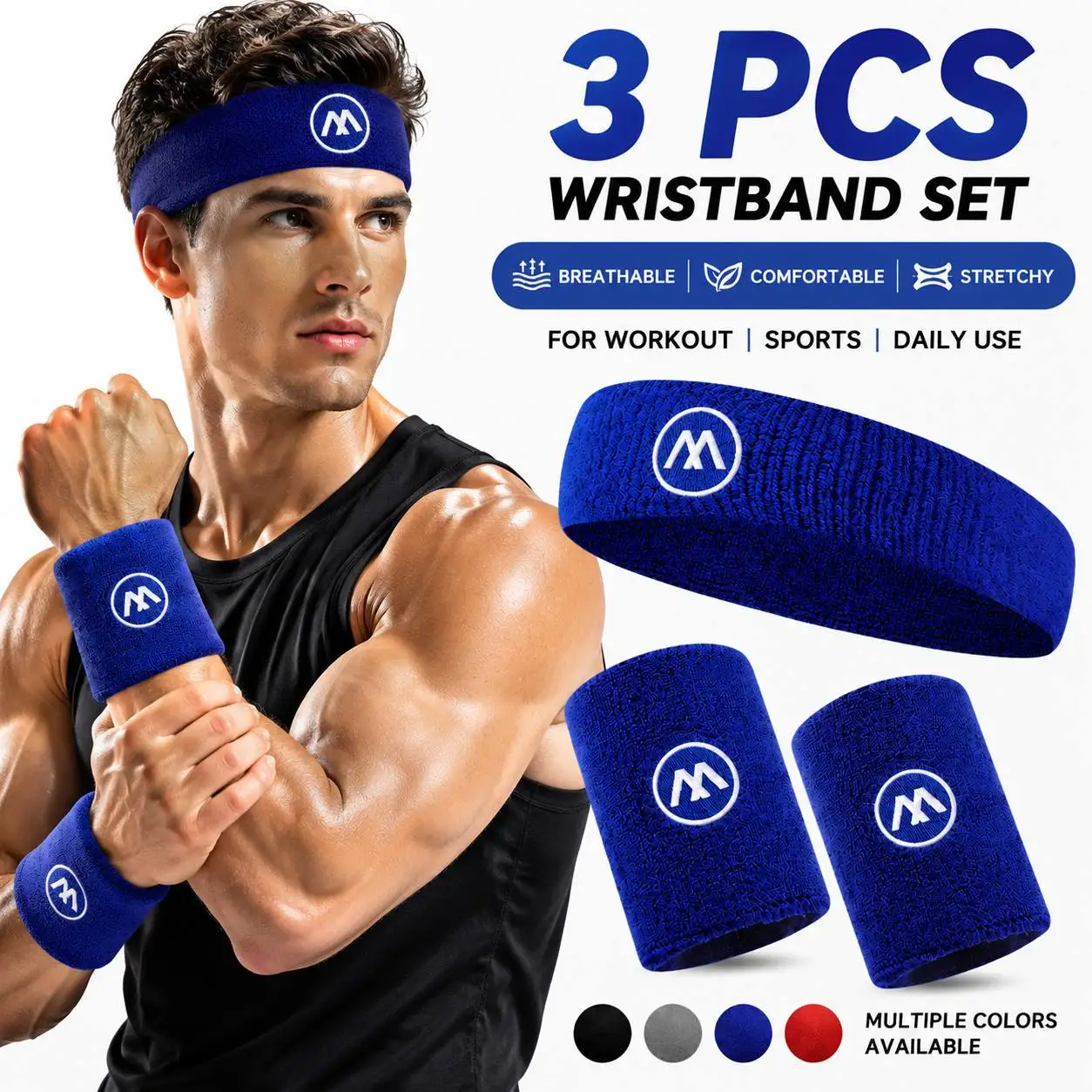 3Pcs Sweatband Set Sports Headband Wristband Set Wrist Sweatband Headbands Moisture Wicking Sweat Absorbing Head Band