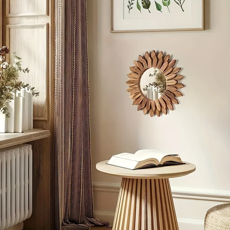 Wooden Wall-mounted Mirror Sunflower Make-up Mirror Creative Round Mirror Bohemian Style Bedroom Decorative Mirror