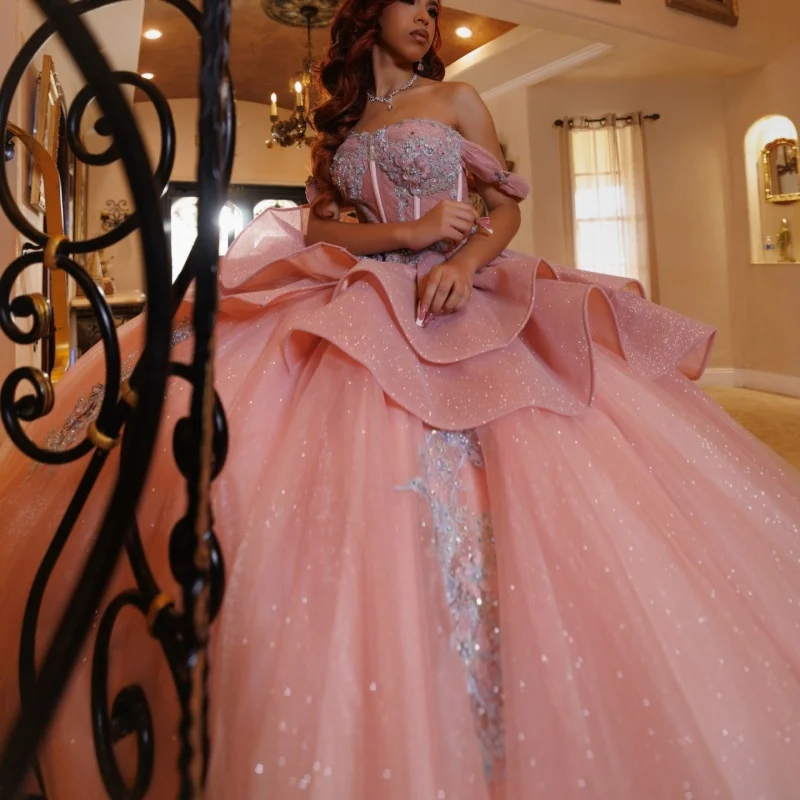 

Shiny Pink Quinceanera Dresses Off the Shoulder Crystal Layering Flower Decal Long tail Bow Vestidoe 15 Quinceanera Customize