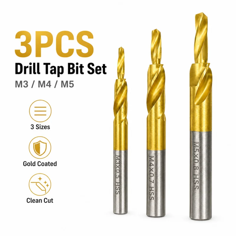 Combined Drill Tap Bit Set 3PCS M3‑M5 HSS Gold Coated Metric Thread Tap Drill for Metalworking DIY Projects