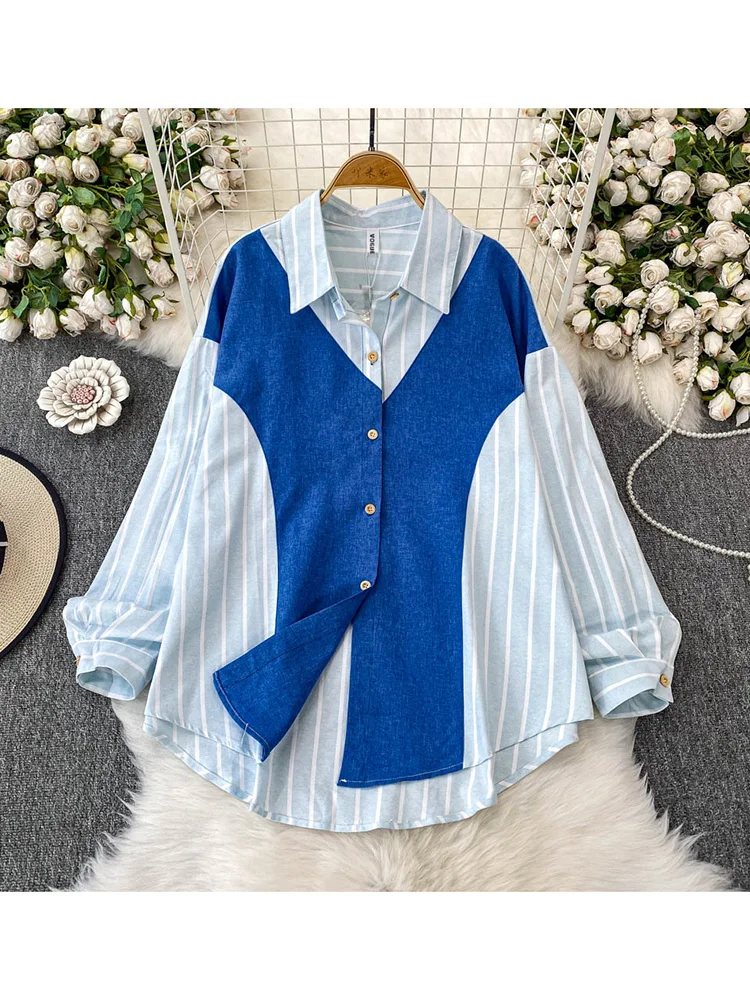 

Women's Spring Shirt Korean Version Fashion Contrasting Striped Lapel Button Long Sleeved Shirt New Loose Slimming Top BL176