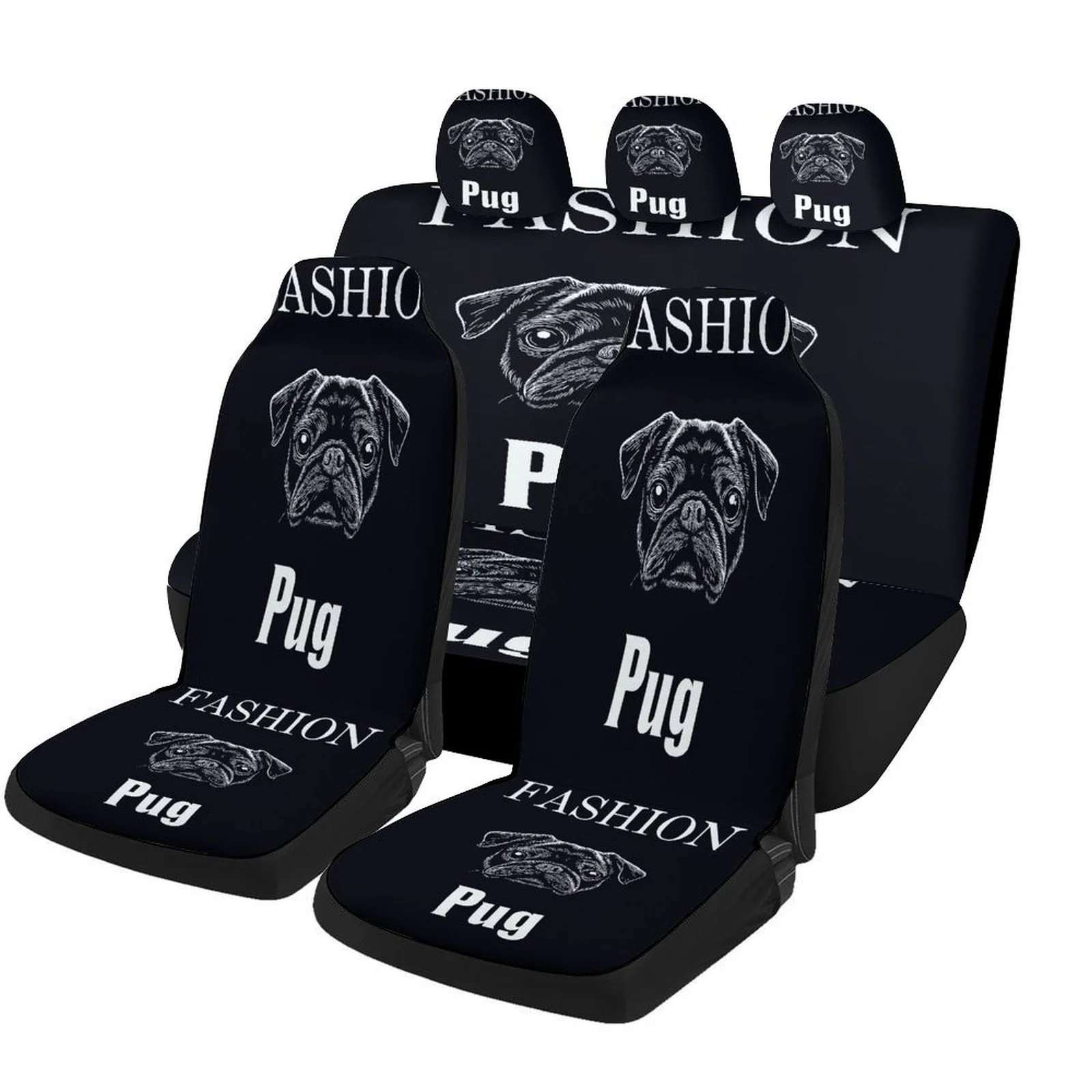 Fashion Pug Portrait Themed Car Seat Cover Set - Trendy High-Quality Polyester Full Set For Most Cars, Universal Fit For 2 Front