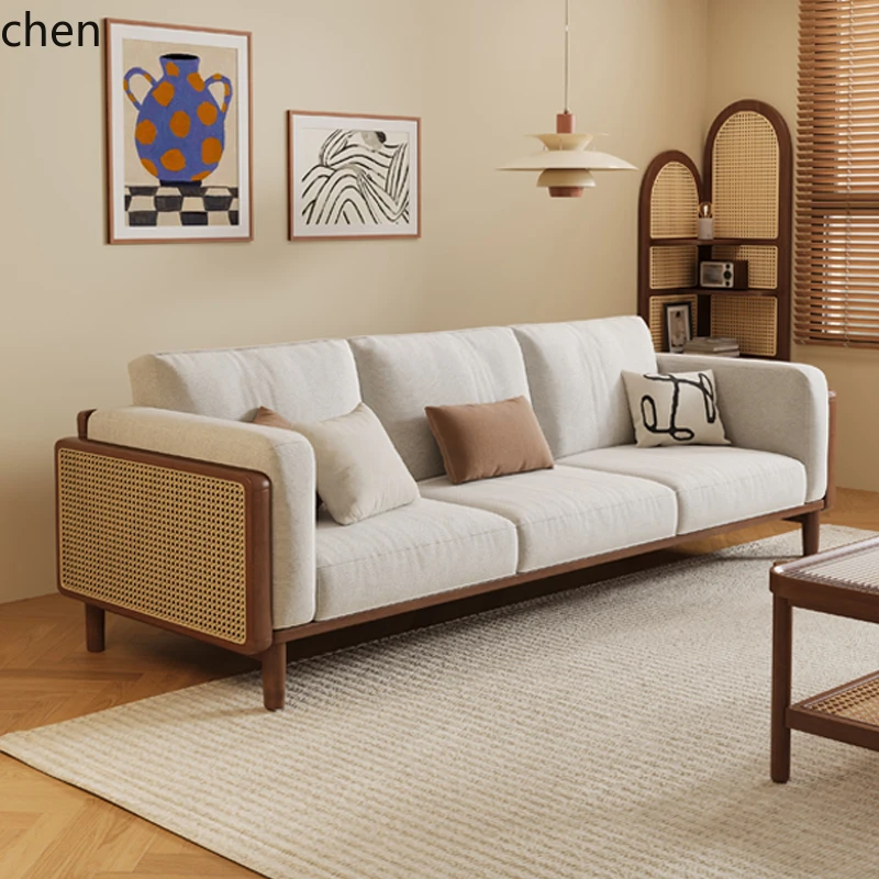 CZ Solid Wood Sofa  Living Room Straight Row Mid-century Style Furniture Winter Summer Dual-use Three-seater Fabric Sofa