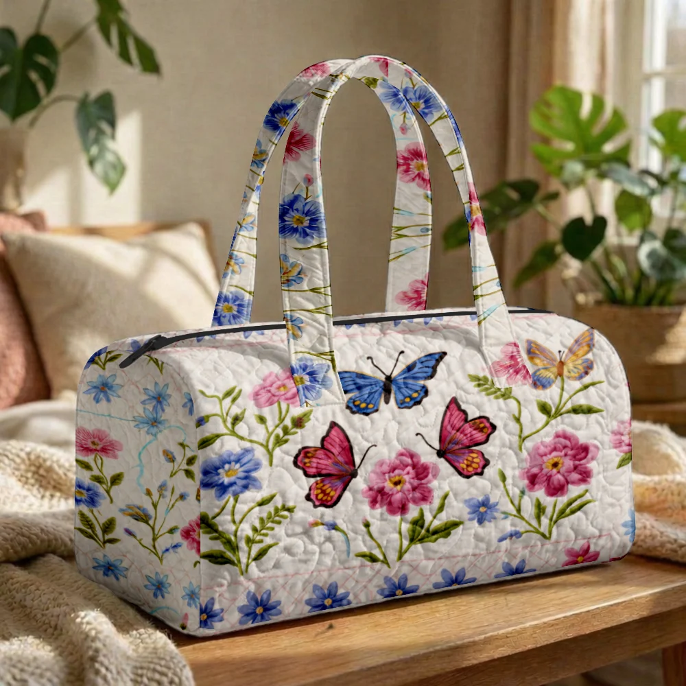 Watercolor Butterfly Floral Quilted Duffle Bag Sweet Spring Summer Casual Handbag Daily Commute Travel Overnight Shoulder Tote