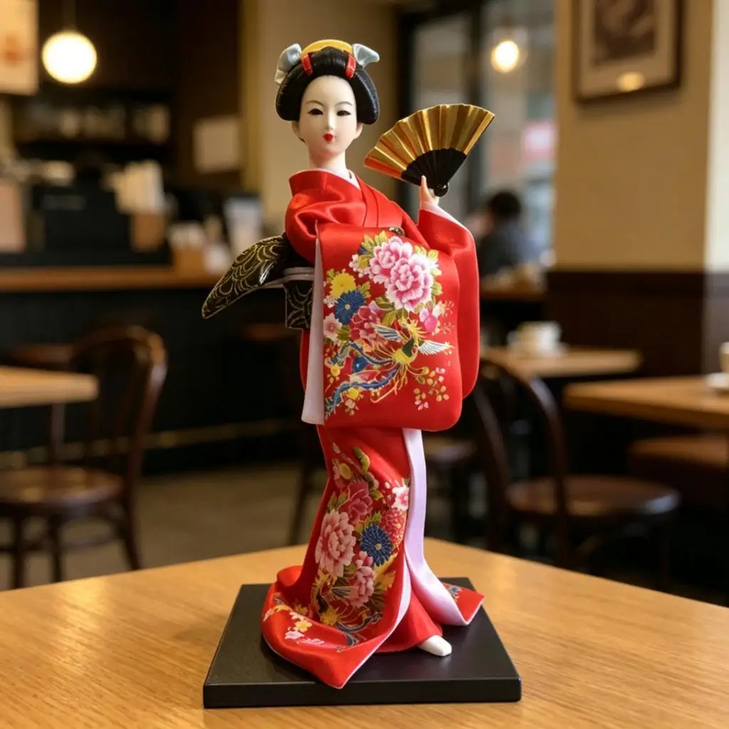 Japanese Dolls Geisha Figure Resin Fabric Foam Tabletop Statuette Home Office Room Decoration Kawaii Gift for Collectors