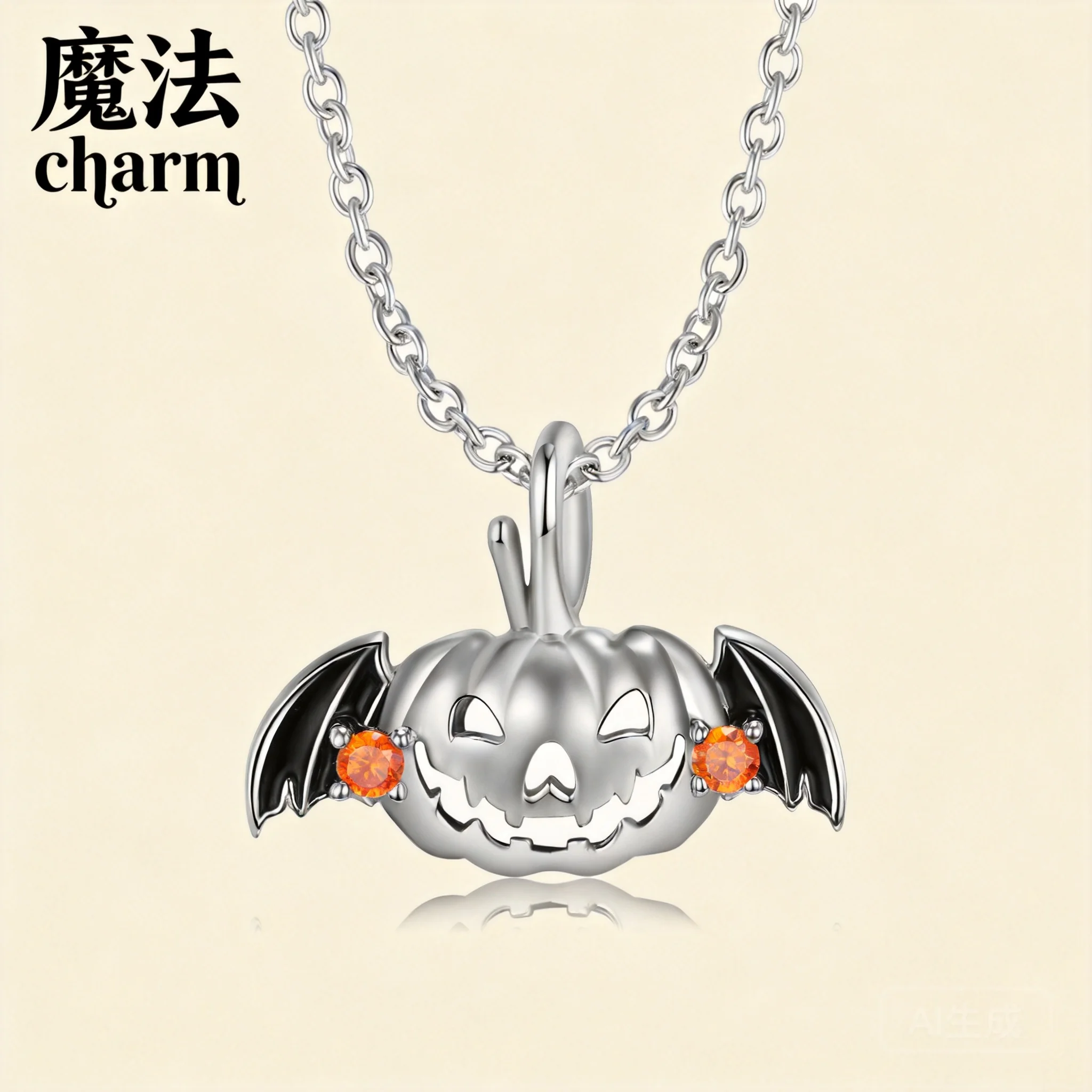 S925 Sterling Silver Hollow Out Bat Wing Flying Pumpkin Pendant Necklace With Orange Cz Enamel Lucky Blessing Halloween Jewelry