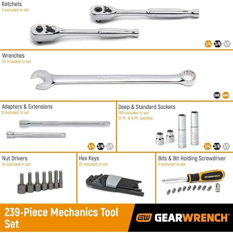 GEARWRENCH 80966 243 Pc. 6 Pt. Mechanics Hand Tool Set in 3 Drawer Storage Box USA