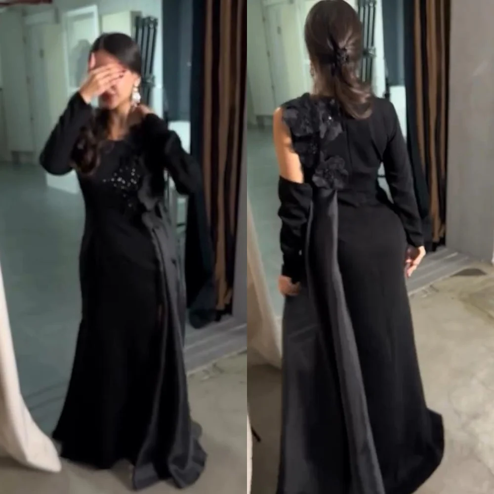 Customized  Evening Jersey Beading Draped Flower Engagement A-line O-Neck Bespoke Occasion Gown Long Dresses