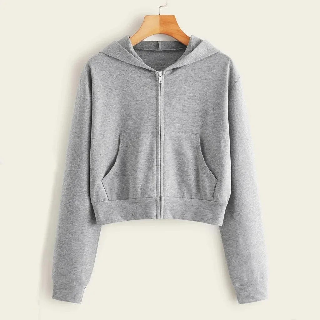 

LIBIELIY Zip Up Hoodies Women Hooded Sweatshirt Thin Style Spring Casual Solid Color Crop Tops Zipper Swearshirt Harajuku Croppe