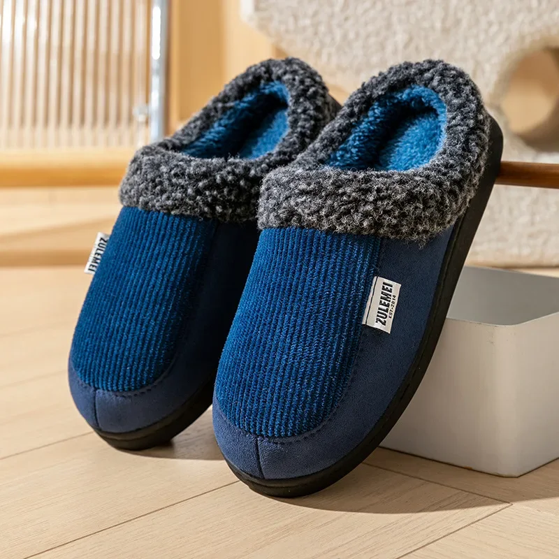 Winter Men's Knitted Slippers with Memory Cotton Shoe Pad Large Sole Flat Bottom TPR Anti-Slip Warm Comfortable Indoor Slip-On