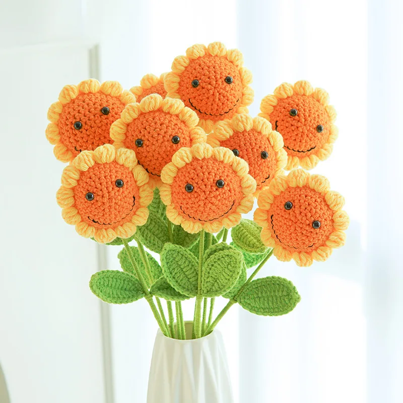 Teacher's Day Hand-Woven Artificial Flower Smiley Face Sunflower Finished Product Wool Creative Flower Decoration Gifts