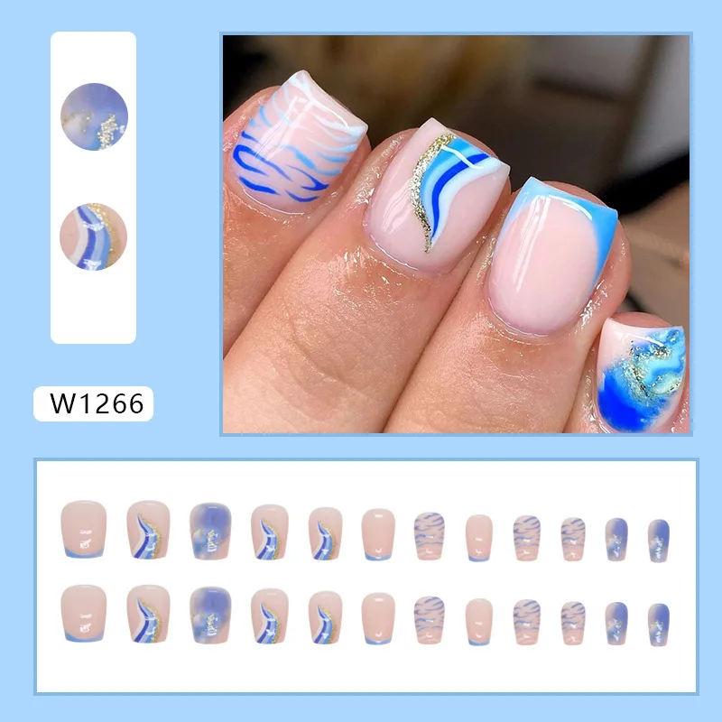 

24Pcs Short Ballerina Press on Nails - Blue & White Base with Gold Foil Tiger/Leopard Print | Fresh Animal Print Style
