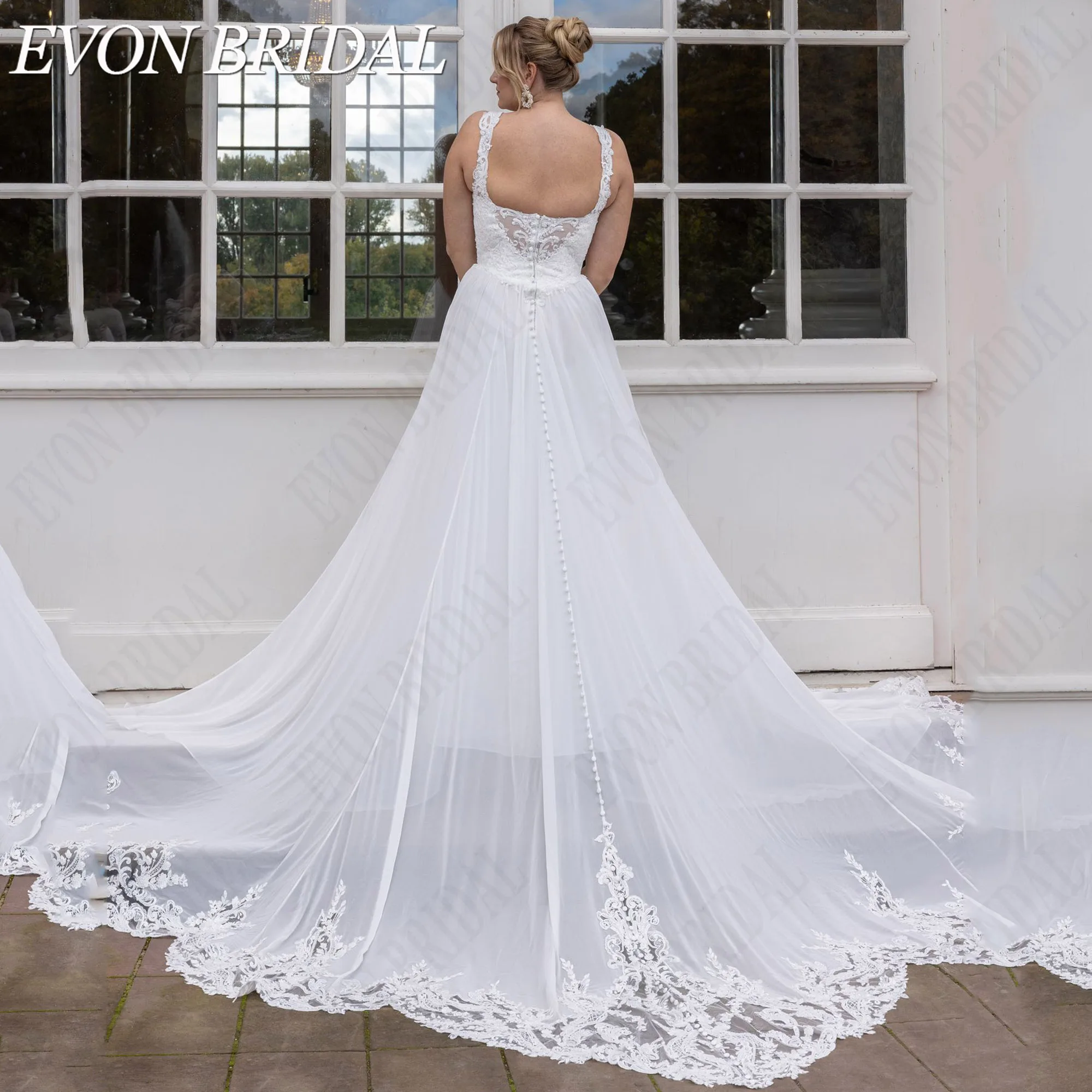 EVON BRIDAL Lace Appliques Side Split Customized Wedding Dress Plus Size Chiffon Bride Dresses Spaghetti Strap Bridal Gown