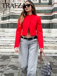 TRAFZA 2024 Women Women Fashion Cropped Red Jackt Vintage Long Sleeve Snap-button Female Outerwear Chic Tops Short Suit Jacket