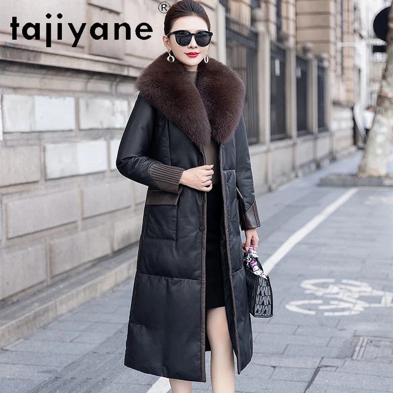 TAJIYANE 100% Real Sheepskin White Goose Down Coat Woman Long Genuine Leather Puffer Jacket with Fox Collar 2025 Winter Clothes