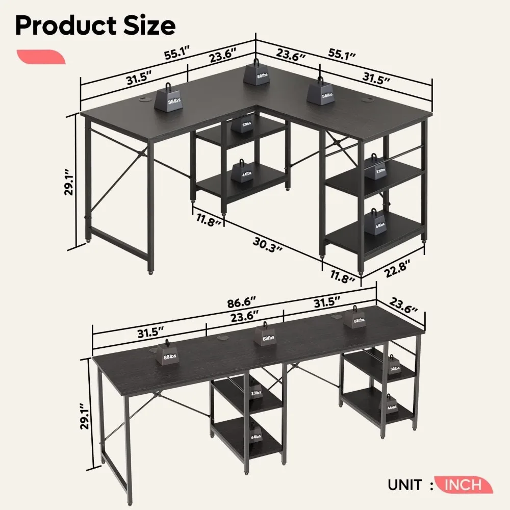 Meja Berbentuk L dengan Rak Meja Komputer Sudut Reversibel 86 Inci atau Meja Panjang 2 Orang untuk Meja Permainan Besar Rumah Kantor