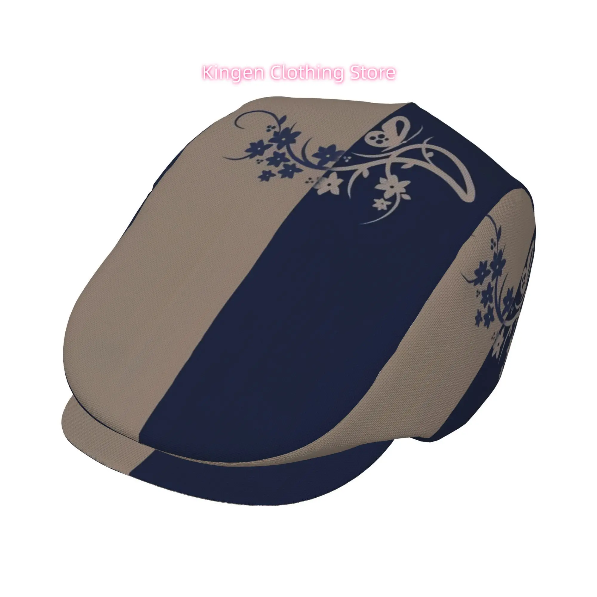 Blue Floral Scroll Split Design All-over Print Flat-top Hats for Men and Women, Newsboy Caps, Berets, Irish Hats, Driver Caps, R