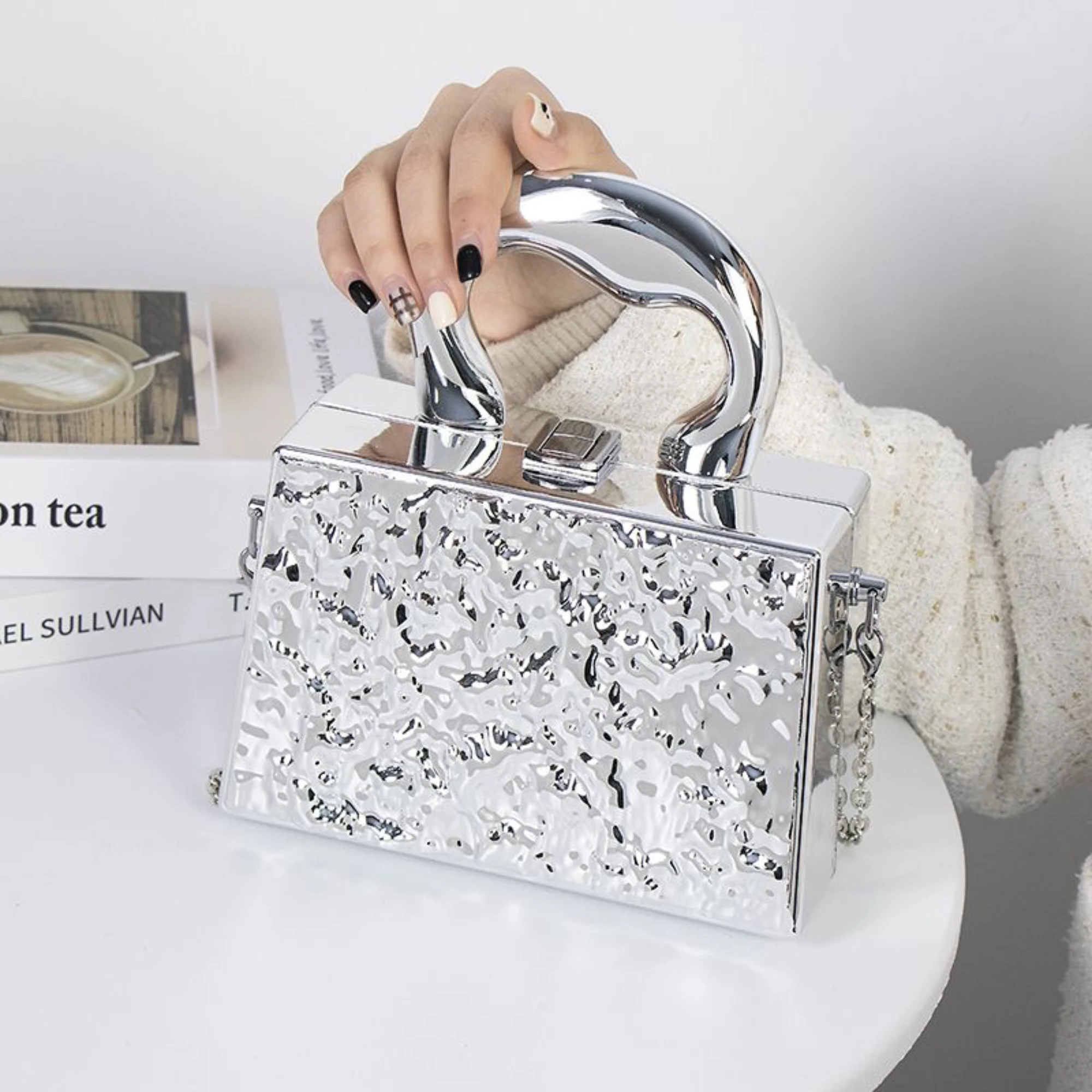 Acrylic Metallic Color Top Handle Handbag Female 2024 New Hard  Shoulder Crossbody Bag Small Box Totes Luxury Party Clutch
