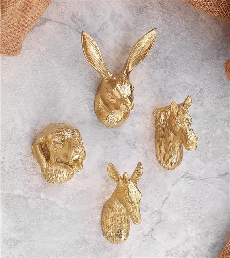 Full Copper Furnitue Handle Single Hole Drawer Door Knob Gold Monkey Rabbit Shape Wardrobe Cupboard Cabinet Door Handles Pulls