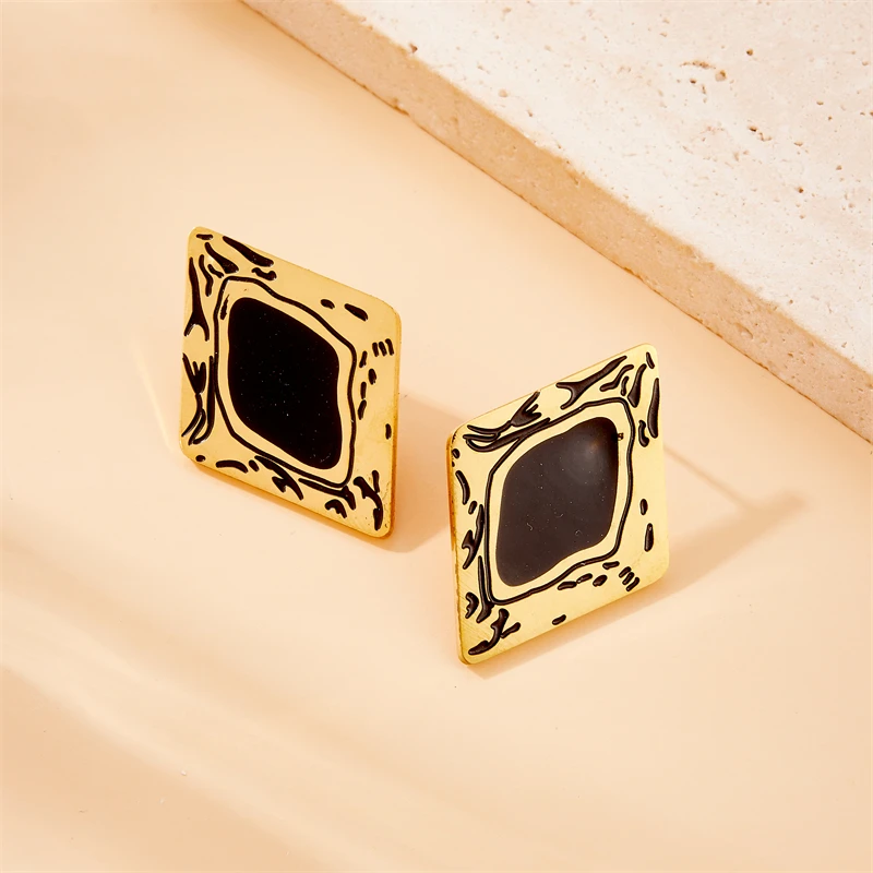 DIEYURO 316L Stainless Steel Black Droplet Oil Rhombus Pattern Earrings Womens Fashion New Current Ear Jewelry Lady Gift Party image 3