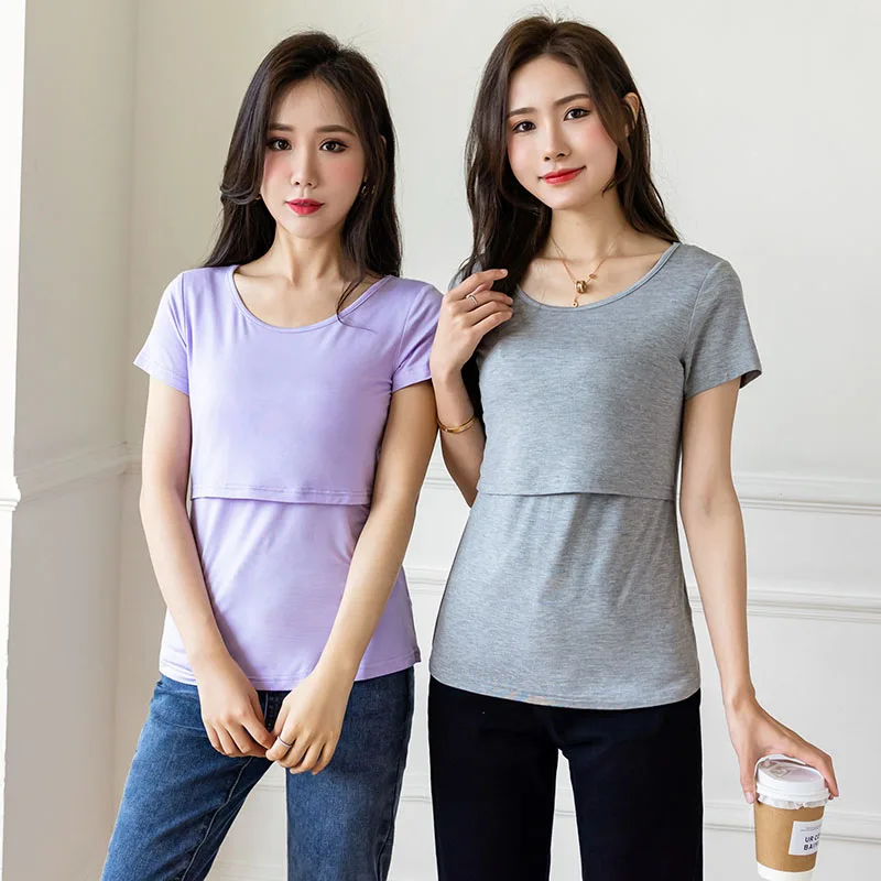 Ropa de maternidad de manga corta para mujer, cuello redondo, Color sólido, solapa asimétrica, Tops geniales, camiseta informal para amamantar