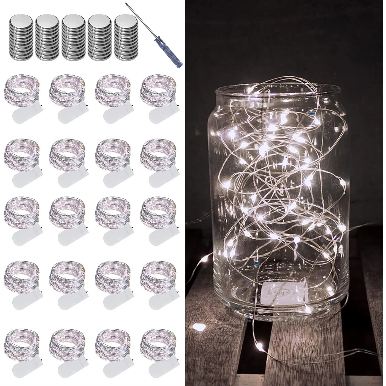 

20 Pack Fairy Lights Battery Operated String Lights, 20 LED On 6.6FT Silvery Copper Wire, Firefly Fairy String Lights For Wedding Party Mason Jar Christmas Decorations Bedroom Decor White