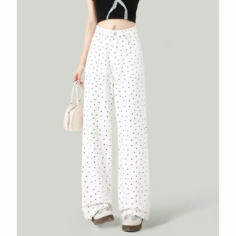 

Women Fashion Wave Point Design Thin Jeans Female Loose Straight Leg Versatile Pants Girls High Waist Casual Denim Trousers