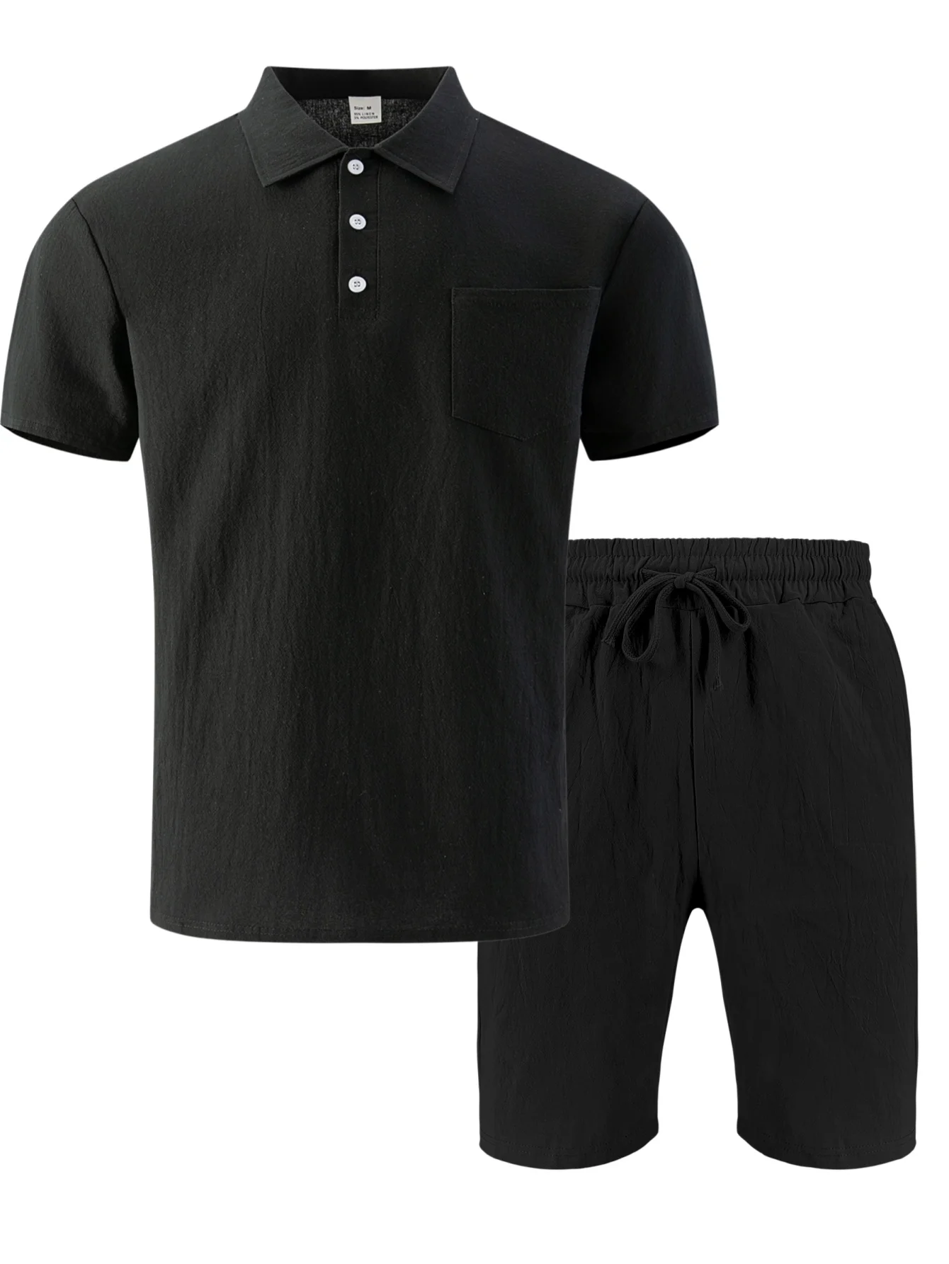 Ensemble 2 pièces pour homme, polo en lin texturé à manches courtes et short, léger et respirant, adapté à la plage et à la tenue de tous les jours