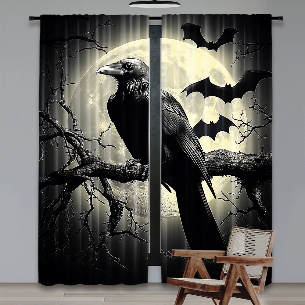 2Pcs Halloween Raven Curtain Scary Crow Full Moon Night Black Bat Spooky Misty Forest Decor Curtains Suitable For Living Room