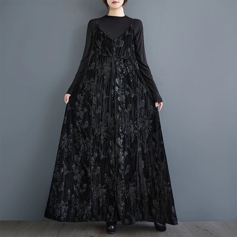 Retro chinesische Sle Samt Blumenstickerei V-Ne Midi Dr Svel A-Linie Silhouette Pendelkleidung lockere Taille