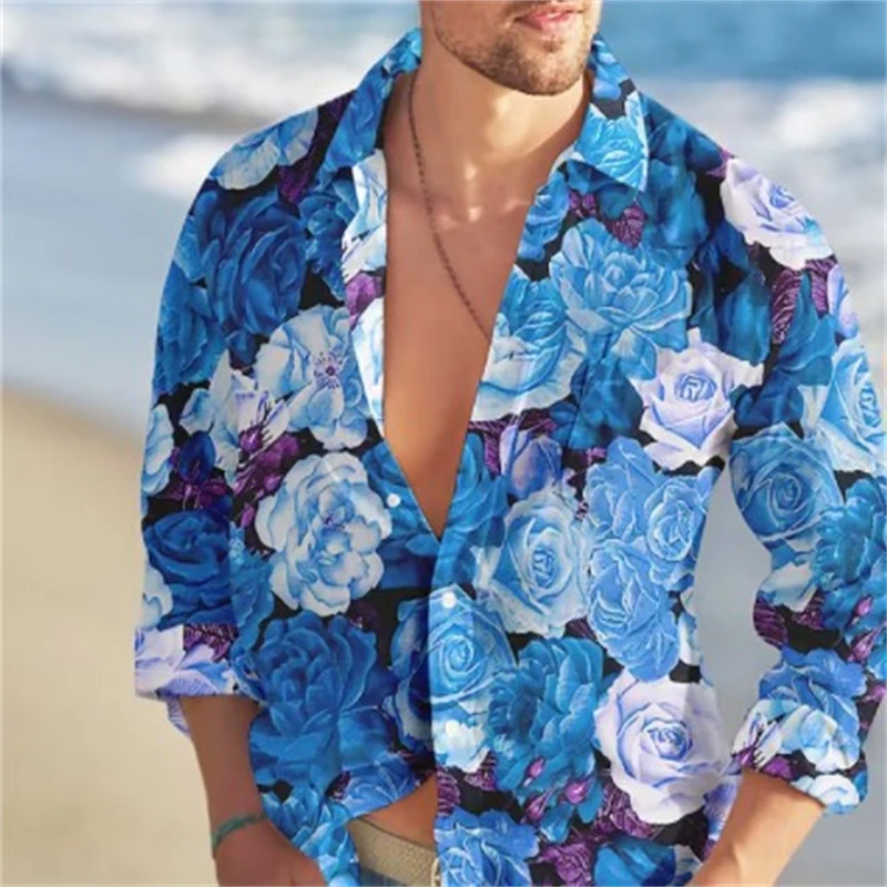 Men Long Sleeve Turn‑down Collar Button‑Up Shirt Colorful Butterfly Floral Print Casual Beach Vacation Outfit For Male