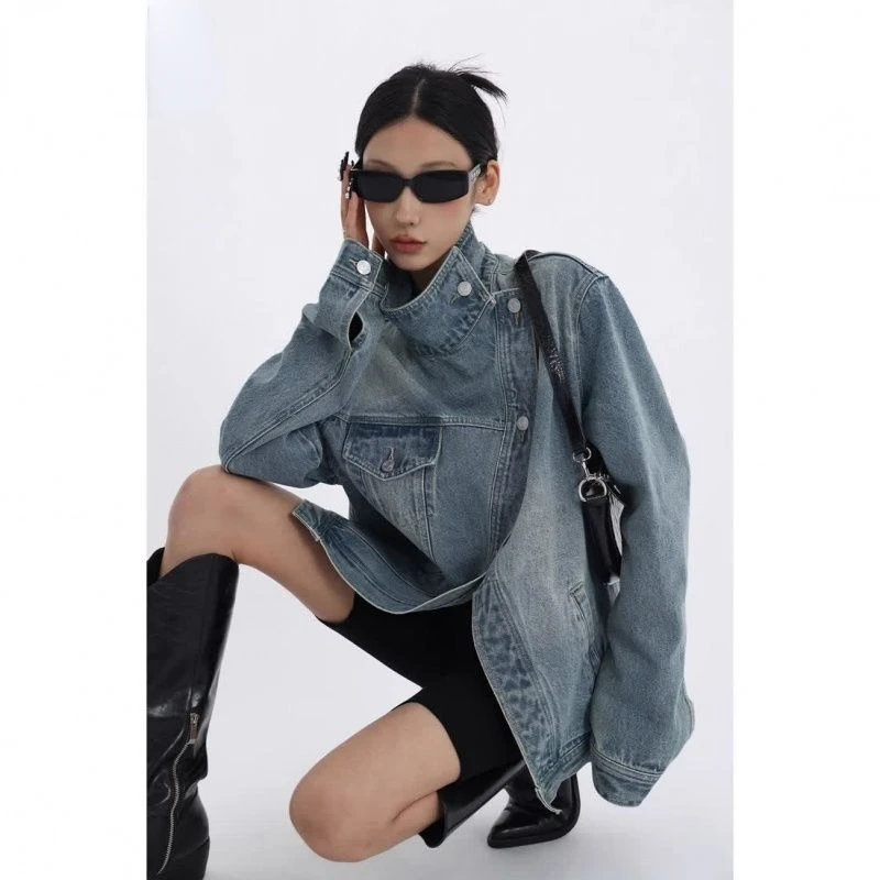 Women's Denim Coat Turtleneck Single Breasted Full Sleeve Patchwork Versatile Jacke Fashion Autumn Streetwear  Overcoat