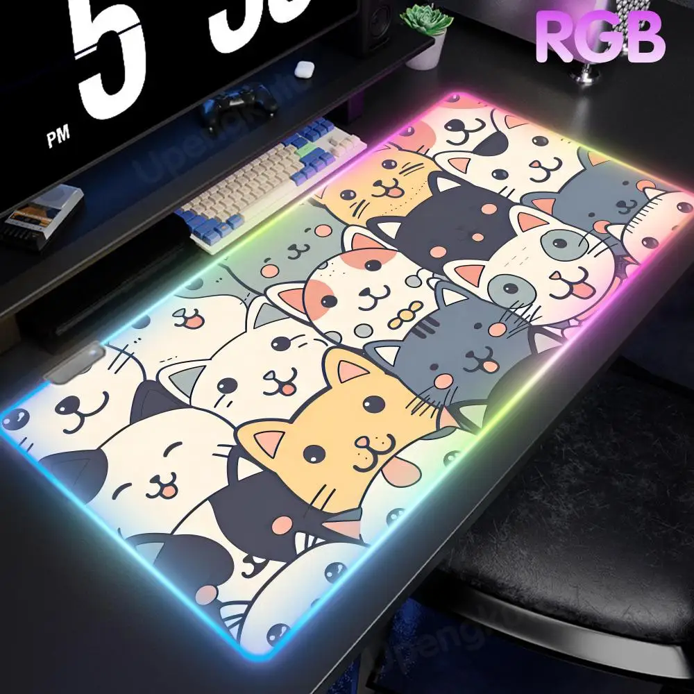 

Игровой коврик для мыши Kawaii Cat RGB с LED-подсветкой, большой размер, для геймеров, для настольных ПК, компьютеров, ноутбуков, домашнего использования, светящийся коврик для стола