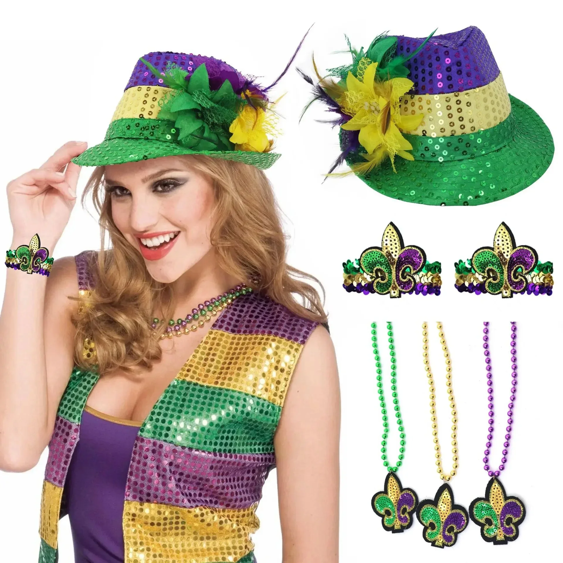 Carnival Costume Accessories: Sequined Three-Color Feather Headband - Party Props for Bar, Masquerade Ball