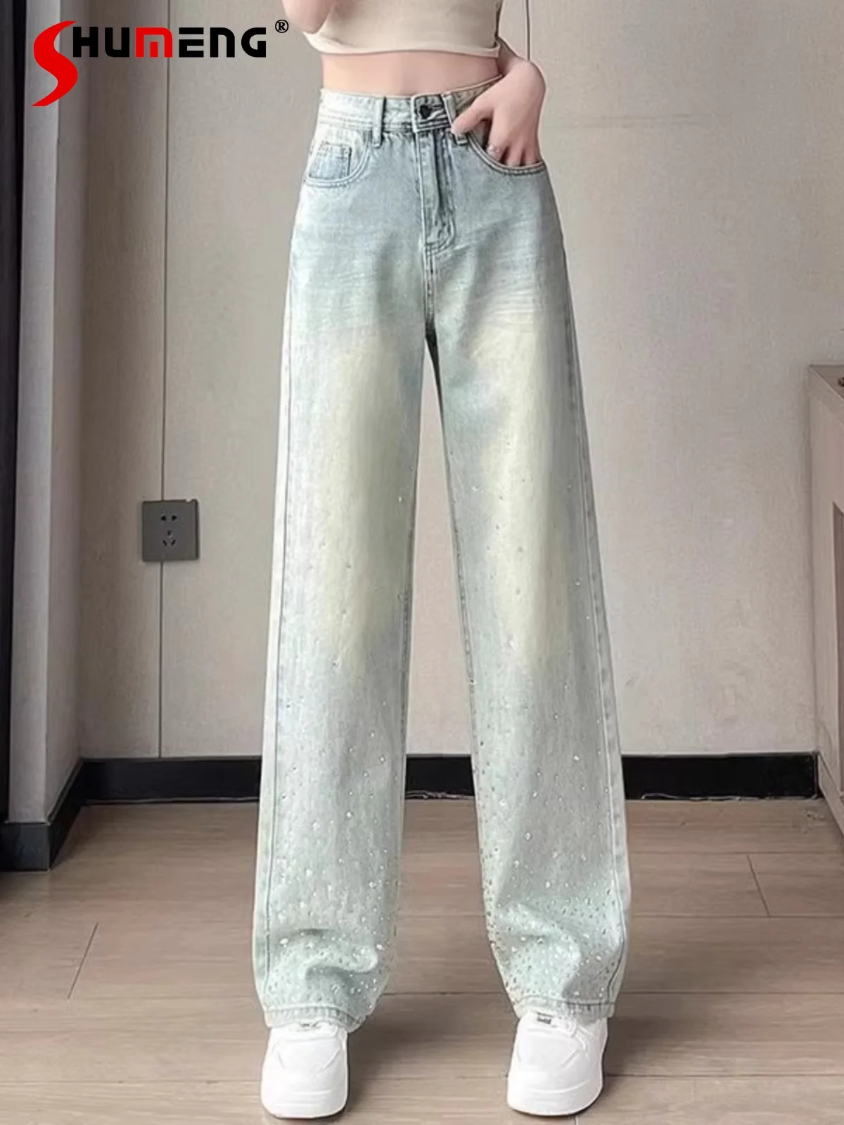 

Rhinestone High Waist Wide-Leg Jeans Female 2024 Spring Summer New Loose Straight-Leg Denim Pants Nice Women’s Denim Trousers