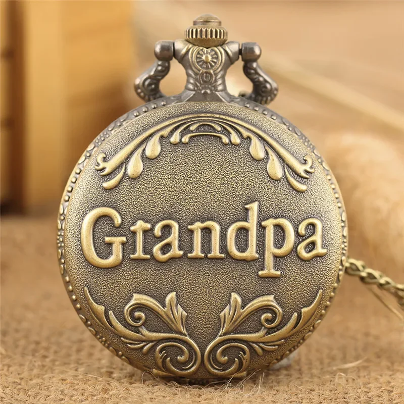 Vintage Style Engraved Grandpa Words Men's Pocket Watch Analog Quartz Movement Arabic Number Display Gift To Grand Father