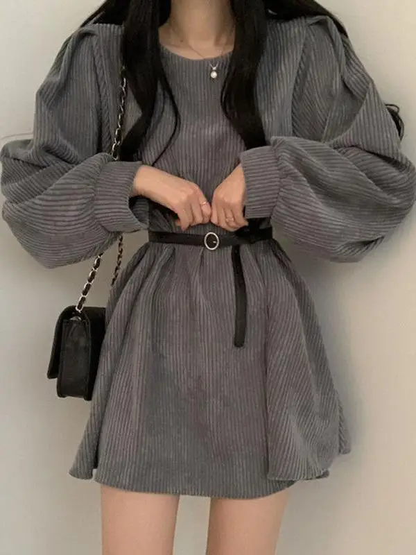 plus Size Corduroy Dress Bubble Sleeve Sweatshirt Style High Waist Commute Fashion Korean Version Winter Long Sleeve Midi Dress