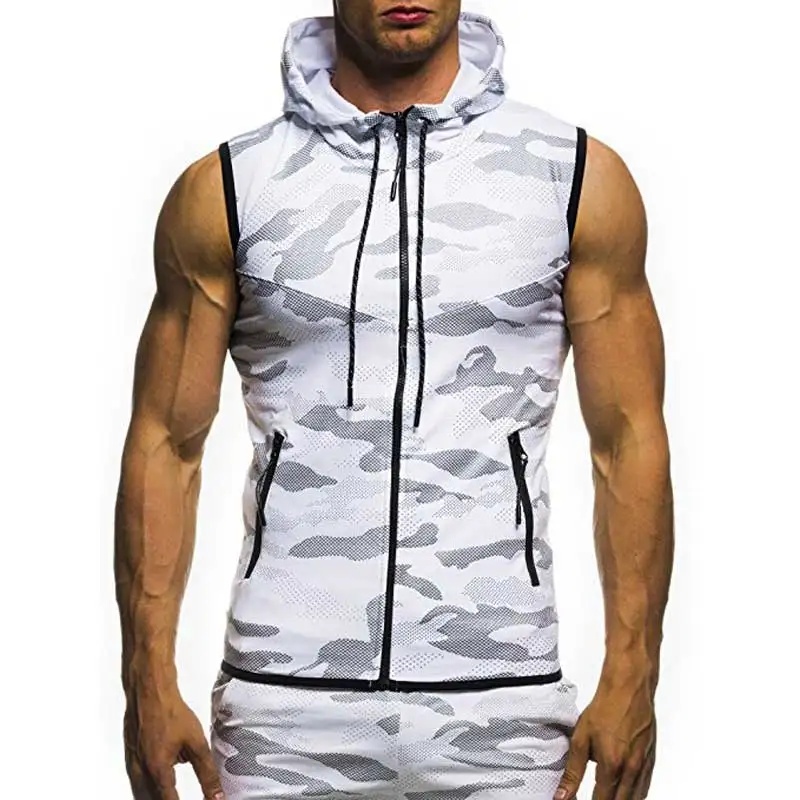 Male Summer Sweatshirt Men Slim Tank Top Camouflage Gyms Fitness Zipper Hooded Vest Sleeveless Hoodie Tops Tees MY078