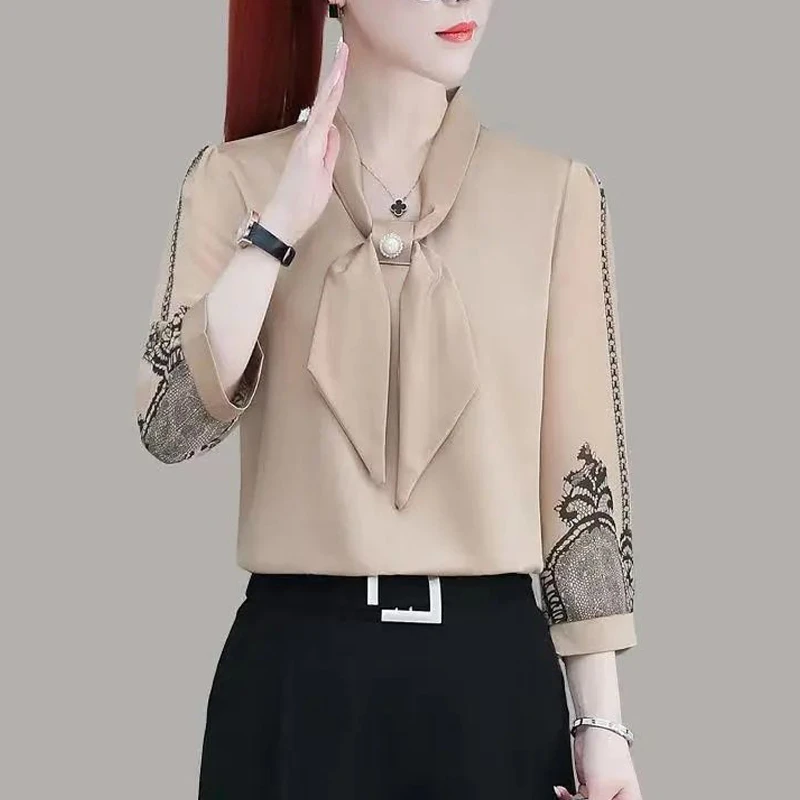 Korean Fashion Elegant Chic Beaded Bow Print Slim Top Blouse Women Spring Summer Casual Half Sleeve Shirts Blusas Mujer Clothing