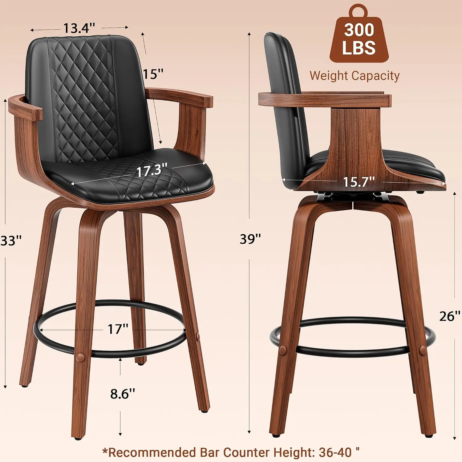 Set of 3 Swivel Bar Stools, 26 Inch Black PU Leather Counter Height Chairs with Arms and Back, 360° Swivel Bentwood Frame