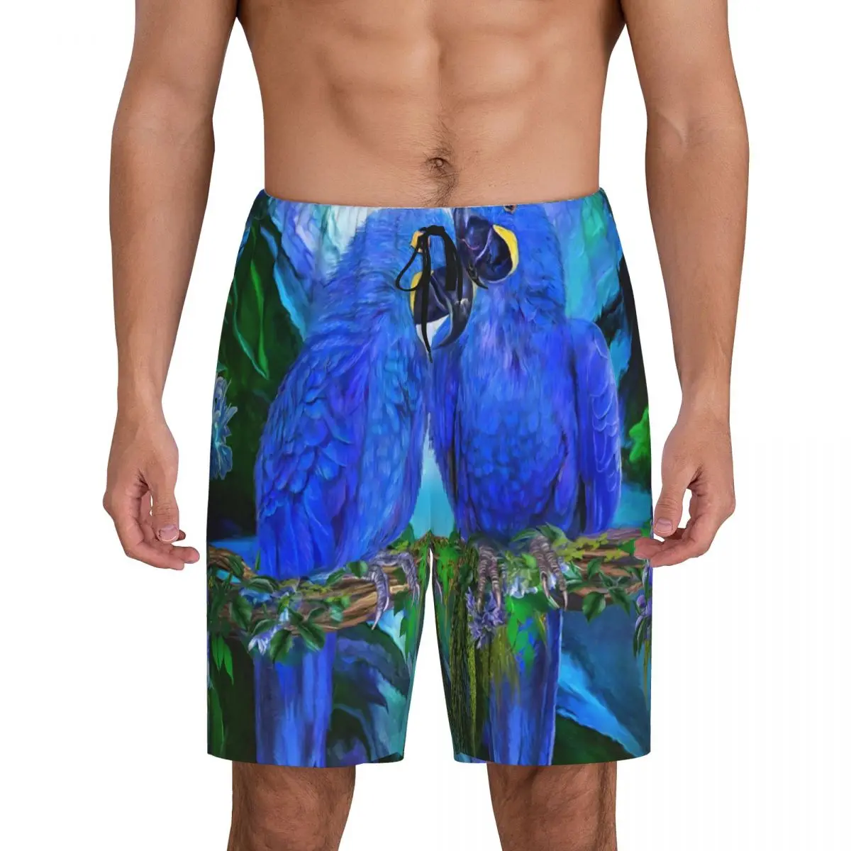 

Custom Printed Men Tropic Spirits Parrot Birds Pajama Bottoms Hyacinth Macaw Sleepwear Pjs Sleep Shorts with Pockets