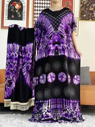 New 2023 Summer Abaya Dress Short Sleeve Cotton Loose Dress With Big Scarf Printing Floral Boubou Maxi Islam Women Clothing