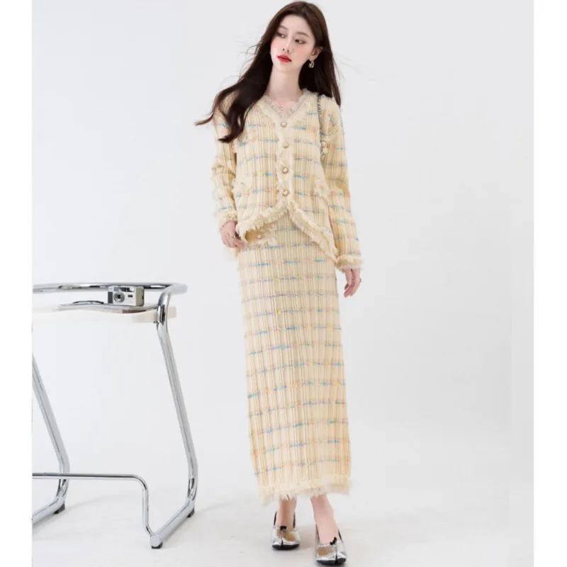 Korean Fashion Champagne Elegant Skirt Suit For Women Vintage Luxury Design Kintted Coat Kintted Long Skirt Chic Party Suit