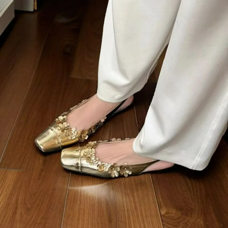 

Fashion Baotou Sandals Autumn New Square Toe Shallow Mouth Flower One Strap Soft Sole Non-slip Sole Heels