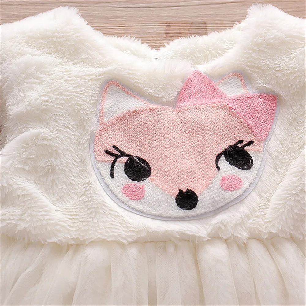 ZAFILLE Winter Fleece Girls Vests Dresses Cartoon Fox Pinted Baby Clothes Thivk Children's Sleeveless Dress Cute Toddler Costume